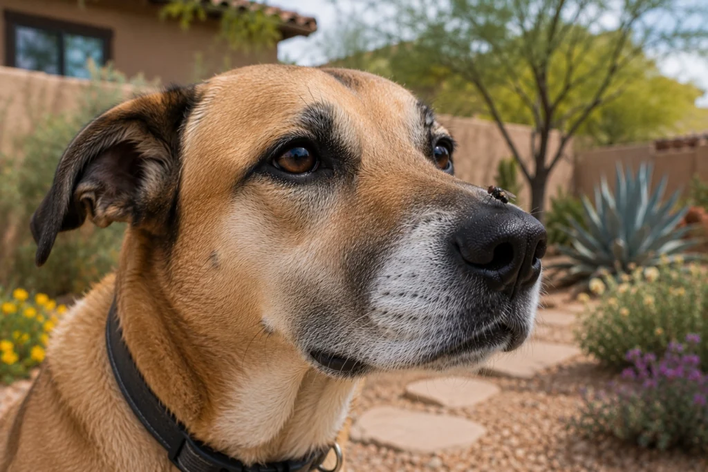 Dog with a fly resting on its nose, illustrating how flies can come into contact with pets outdoors.